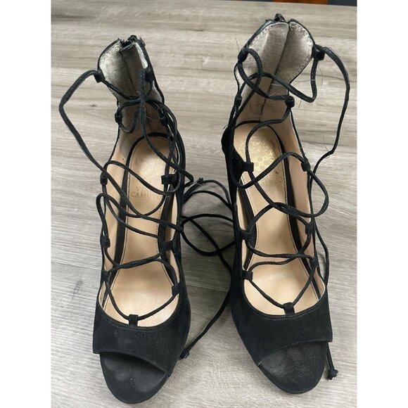 Vince Camuto Heels Womens Size 6 M Sandria Black Suede Open Toe Lace Up - Picture 1 of 16